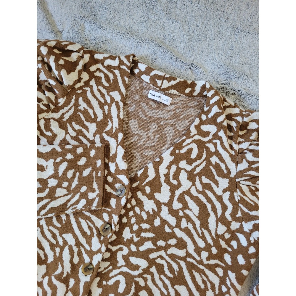 Nine West Womens XXL Animal Print Button Sweater Cardigan Puffed Sleeves Giraffe